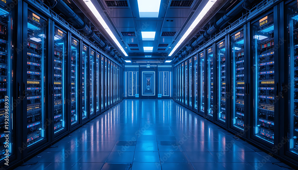 Fototapeta premium Modern data center with rows of server racks and blue lighting