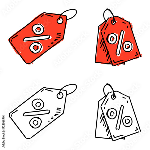 Set editable sketch drawing discount tag vector for thrifty finance blogs. Ideal for symbolizing rough price cuts, sketchy clearance sales, and budget shopping deals.
