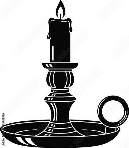 Vintage candle holder vector illustration, burning wax candle in classic candlestick silhouette, antique decorative light isolated background