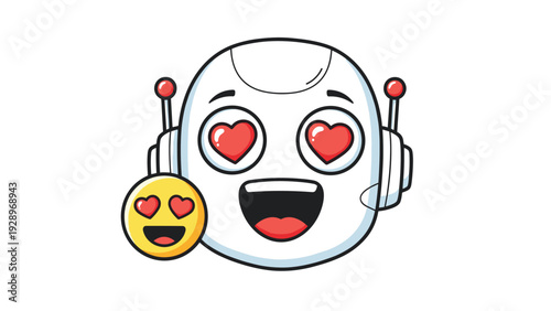 Adorable robot icon with heart eyes expressing love accompanied by a small matching yellow heart eye emoji on a white background.