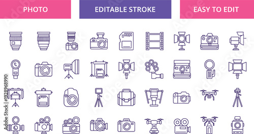 Professional photography and video production line icon set featuring DSLR cameras, lenses, studio lighting, drones, tripods, memory cards, film reels, and multimedia equipment.