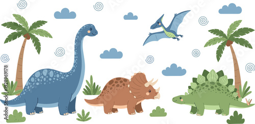 PrintCute hand drawn dinosaur collection with Brachiosaurus Triceratops Stegosaurus and Pterodactyl in prehistoric landscape with palm trees clouds and plants for nursery design.