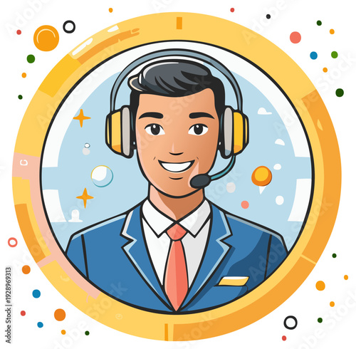 Friendly customer service representative with headset inside a circular frame.