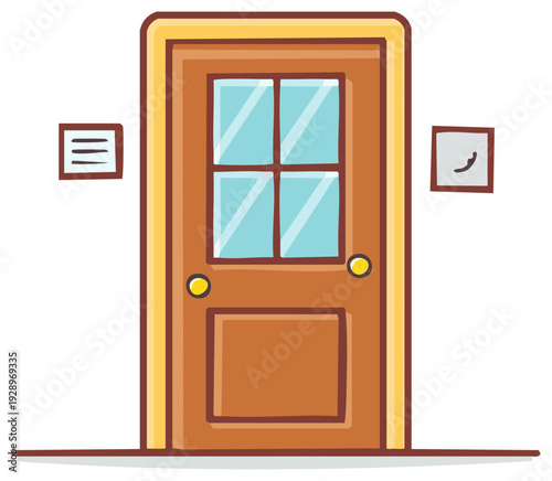 Cartoon Brown Wooden Doorway with Four Glass Panes, Frames and Wall Art Hangings