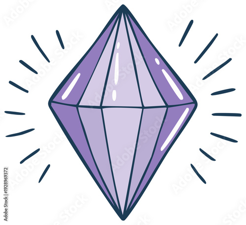Doodle Style Purple Diamond Gemstone with Shimmering Light Lines Around the Faceted Stone