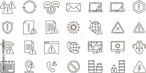 Set of warning and alert notification line icons featuring error messages, exclamation marks, triangle caution signs, system failure symbols, technical support, and problem notifications.