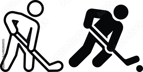 Hockey players battling for puck control in an intense game moment with sticks and dynamic movement depicted in simple black and white graphic illustration.