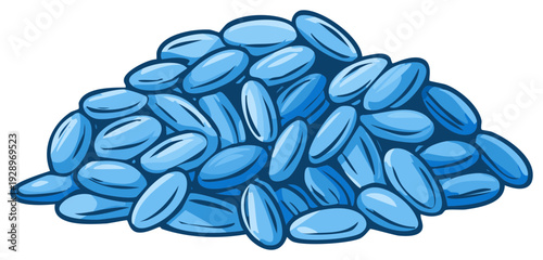 Stack of bright blue oval objects in a large heap, resembling cartoon candies or medical pills