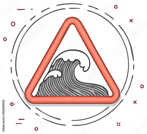 Warning sign with stylized crashing ocean wave inside a triangle shape