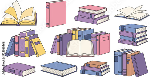 Hand drawn vector set of colorful books including open pages stacked hardcovers and library textbooks for education reading literature and bookstore design.