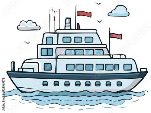 Cruise ship sailing across wavy sea waters with flags and birds, drawing