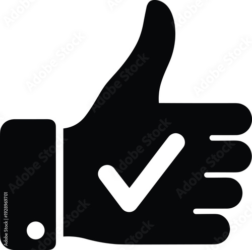 Thumbs up icon with check mark vector illustration, approval hand gesture silhouette symbol, confirmation sign isolated on white background