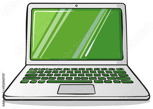 Laptop Computer Illustration with Green Screen and Keyboard for Technology Concept