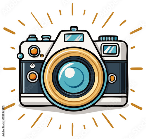 Vibrant retro cartoon camera illustration with shining effect, symbolizing photography and creativity