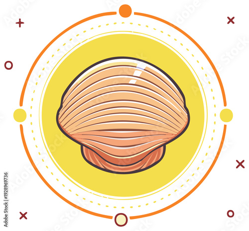 Scallop seashell icon on a yellow circle with modern graphic elements
