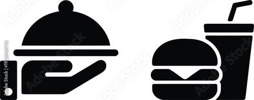 Simple black and white illustration of fast food icons including a served meal and a burger with a drink