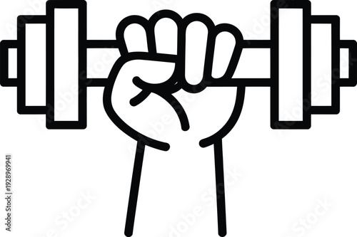 Simple black and white illustration of a hand gripping a dumbbell symbolizing fitness and strength training exercises for a healthy lifestyle.