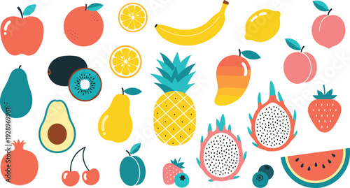 Colorful Tropical and Fresh Fruit Illustration Set