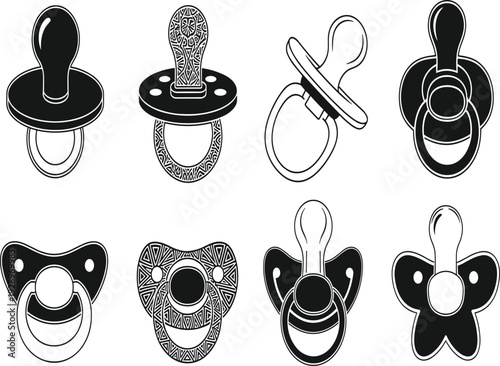 Baby pacifier vector illustration set, black and white soother silhouettes and outline designs, infant dummy collection isolated background