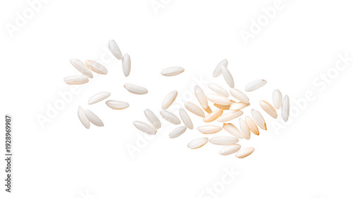 Scattered white rice grains suspended in air, isolated on a transparent background for culinary use