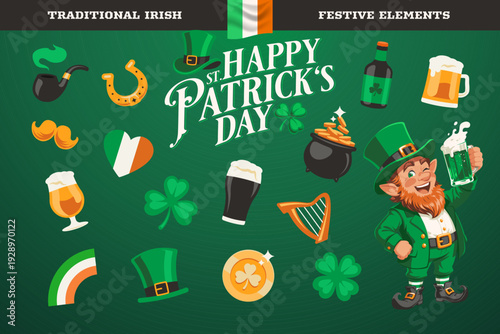 Vector set of traditional St. Patrick's Day symbols and flat graphic style elements for holiday celebration design projects.