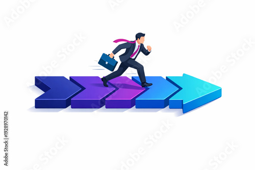 Confident businessman running towards success with colorful arrows