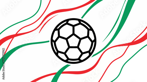 Abstract Soccer Ball Graphic with Green and Red Dynamic Waves on White Background for Sports Events