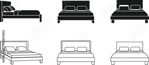 Bed icon set vector illustration, modern bedroom furniture silhouettes and outline designs, front and side view isolated collection