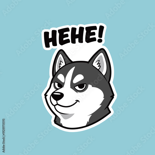 Smirking Husky Dog Face Sticker with Hehe Text Illustration on Light Blue Background