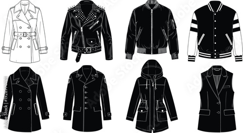 Jacket collection vector illustration, stylish outerwear silhouettes including trench coat, leather jacket, bomber and varsity design set isolated