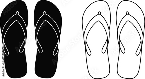 Flip flops silhouette and outline set, summer beach sandals illustration, black and white vector footwear isolated on background