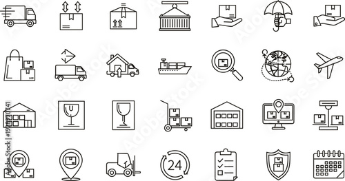 Global logistics and delivery line icon set featuring shipping trucks, cargo ships, airplanes, warehouse storage, forklift machinery, fragile handling symbols, and package tracking indicators.