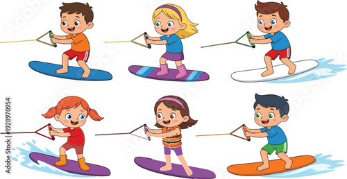 Kids surfing and wakeboarding cartoon characters set with boys and girls riding waves, colorful summer water sports illustration for activity design and playful recreation