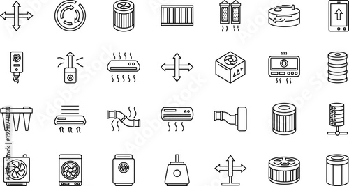 Industrial HVAC and air filtration line icon set featuring air conditioners, ventilation fans, industrial filters, climate control sensors, ductwork, and clean air technology symbols.