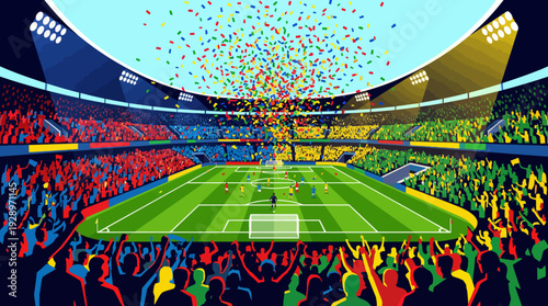 Soccer Championship Match Illustration with Fans Cheering and Colorful Confetti