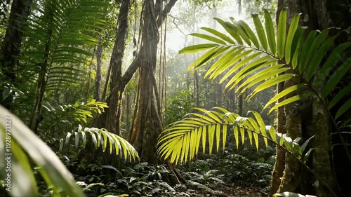 Sunlit palm leaves in lush tropical rainforest canopy