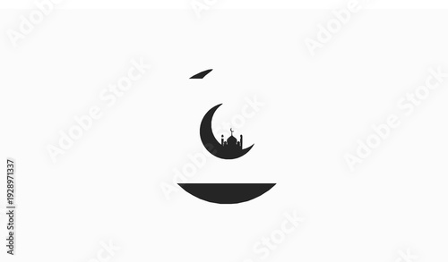 Minimal Ramadan Kareem Eid Mubarak Poster with Crescent Moon Mosque Modern Islamic Card