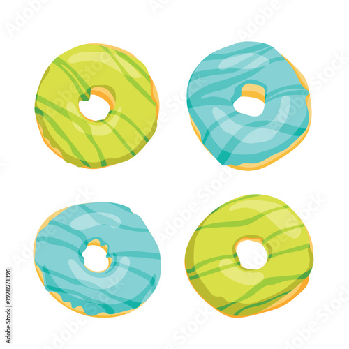 Cute flat vector set of 4 glazed donuts with sprinkles, blue and green sweet dessert collection isolated on white background, food clipart for menu, sticker and kids design	
