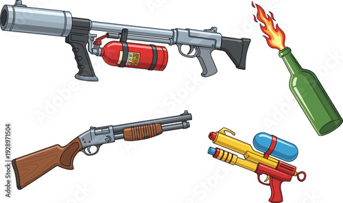 Set of weapon illustrations including flamethrower, shotgun, water gun and molotov cocktail, detailed cartoon style collection for action design, game assets, and combat concept