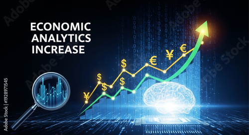 Economic analytics increase graph with currency symbols and brain illustration.