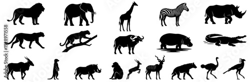 African safari wildlife animal silhouettes set isolated on white background vector illustration