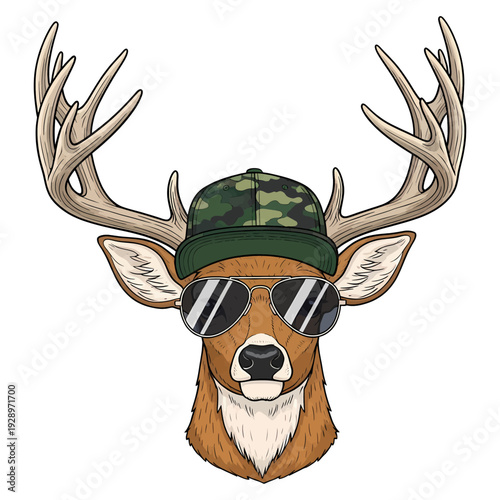 Deer buck head wearing camouflage hat and aviator sunglasses vector illustration on white background