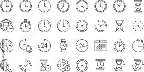 Mega set of time and clock line icons featuring analog watches, stopwatches, sand hourglasses, 24-hour services, alarm bells, calendars, and deadline management symbols.