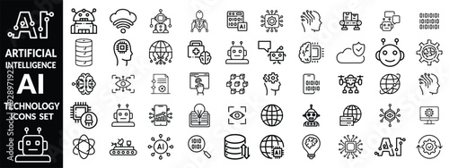 Artificial intelligence set of web icons in line style. AI technology icons for web and mobile app. Machine learning, digital AI technology, algorithm, smart robotic, cloud computing network