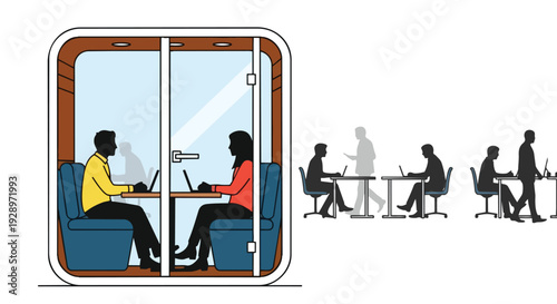 Illustration of a coworking space with people working in an open area, featuring a flat 2D design with a modern and collaborative atmosphere.