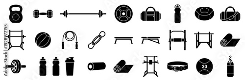 Gym and fitness equipment icons isolated on white background black silhouette vector