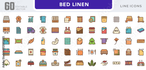 Collection of 60 bed linen icons in various colors and styles displayed on a white background showcasing different line icon designs