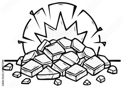 Exploding pile of rubble and broken stones in a black and white cartoon comic book illustration.