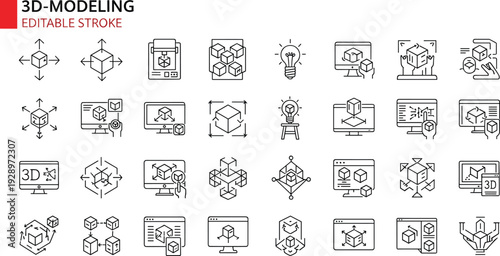 Professional 3D modeling and digital design line icon set featuring coordinate axes, cube transformation, 3D printing, CAD software interface, wireframe mesh, and rendering tools.