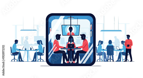 Flat 2D illustration of people coworking in an open space area with a large smartphone screen displaying a team meeting.